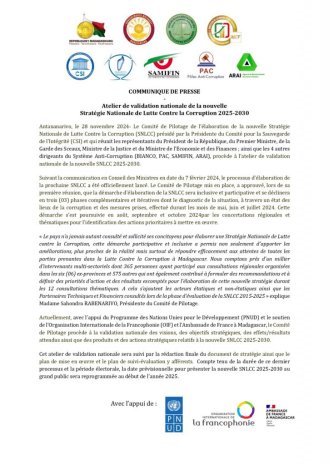 28 novembre 2024: Atelier de validation nationale de la nouvelle Stratégie Nationale de Lutte Contre la Corruption 2025-2030